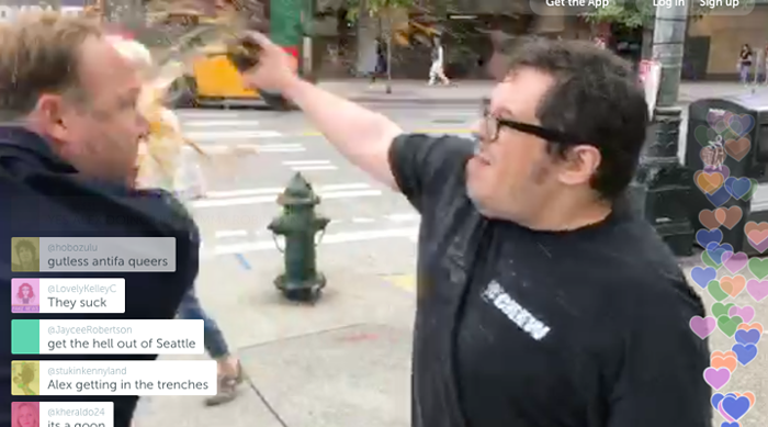 Alex Jones Comes to Seattle, Rants on Street Corner, Gets Doused with Coffee by 